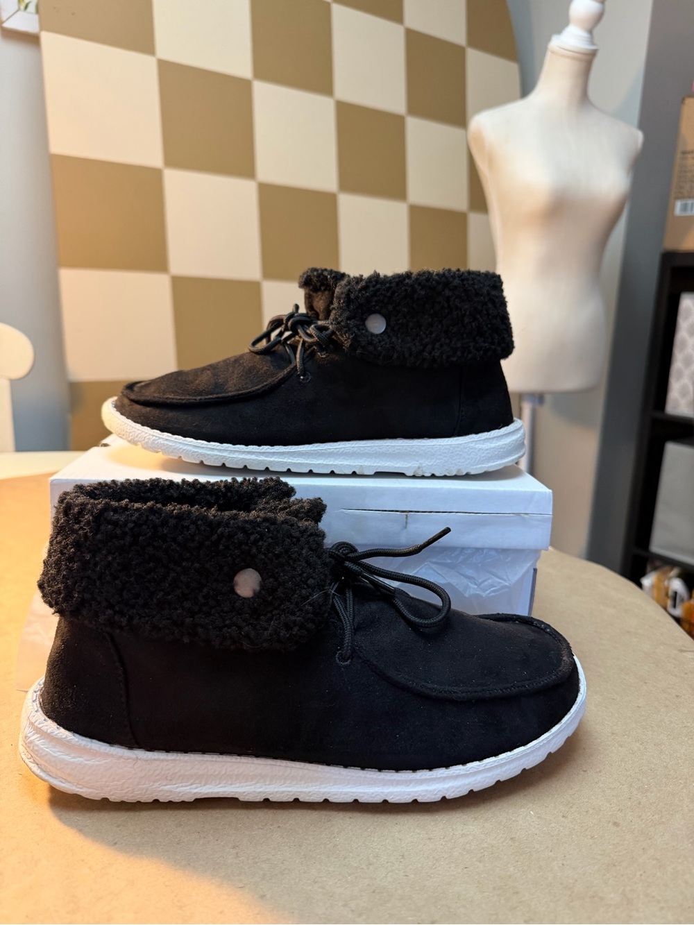 Gypsy Jazz Black Suede-Look Sherpa Fold-Over Ankle Boots